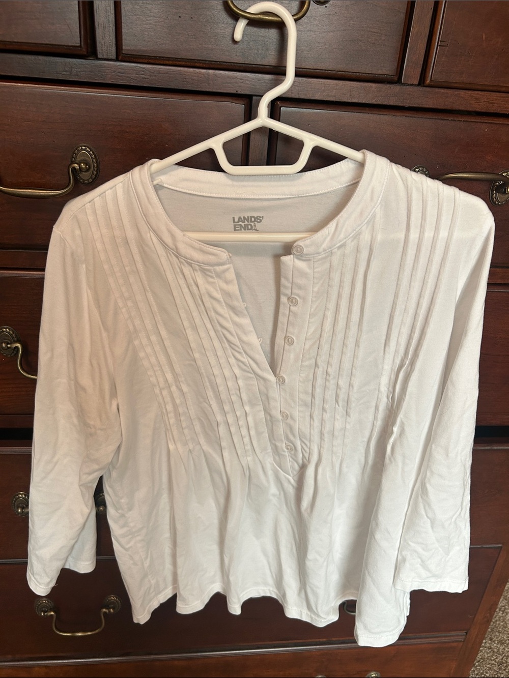 Lands' End White Pintuck Button-Front Henley